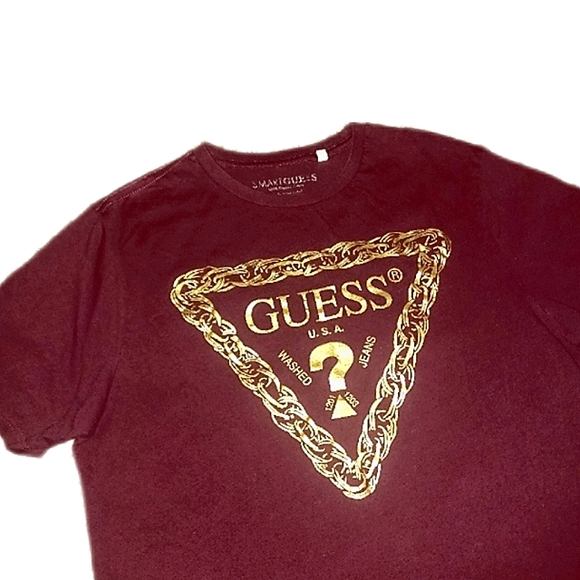 Guess Burgundy Gold Logo Printed T-Shirt - Picture 4 of 5